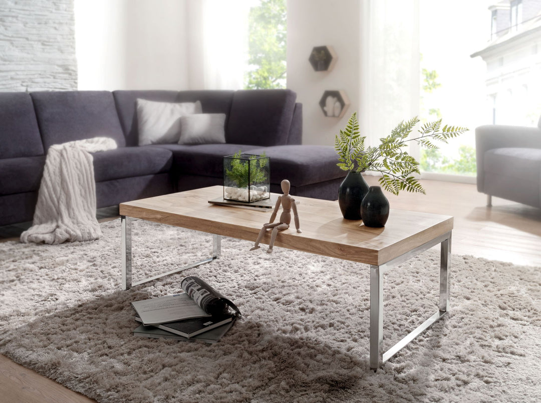 Couchtisch ISEN_ Massivholz_ Chromfüße_ 120x40x60 cm_ handgefertigt_ Sheesham/Akazie - KADIMA DESIGN_Farbe_ Beige_ Größe_ 120x60x40 cm_