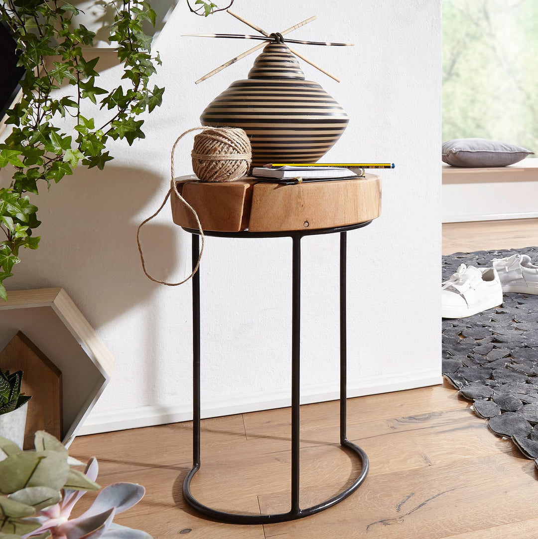 Beistelltisch INDI Massivholz_ Baumstamm-Tischplatte_ Metallgestell_ Landhausstil_ handgefertigt - KADIMA DESIGN_Farbe_ Beige_ Größe_ 28x28x45 cm_