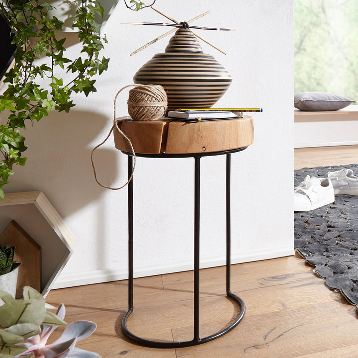 Beistelltisch INDI Massivholz_ Baumstamm-Tischplatte_ Metallgestell_ Landhausstil_ handgefertigt - KADIMA DESIGN_Farbe_ Beige_ Größe_ 28x28x45 cm_