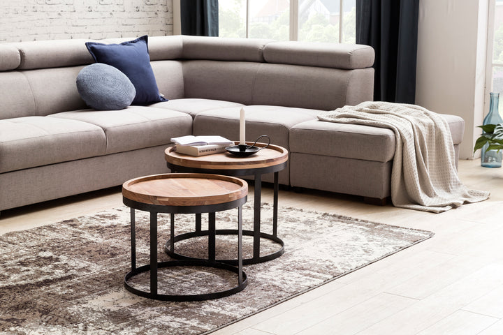 Beistelltisch-Set INDI_ 2er Set_ runde Tischplatten_ Metallgestell_ Massivholz_ naturbelassen - KADIMA DESIGN_Farbe_ Beige_ Größe_ 53x53x45 cm_