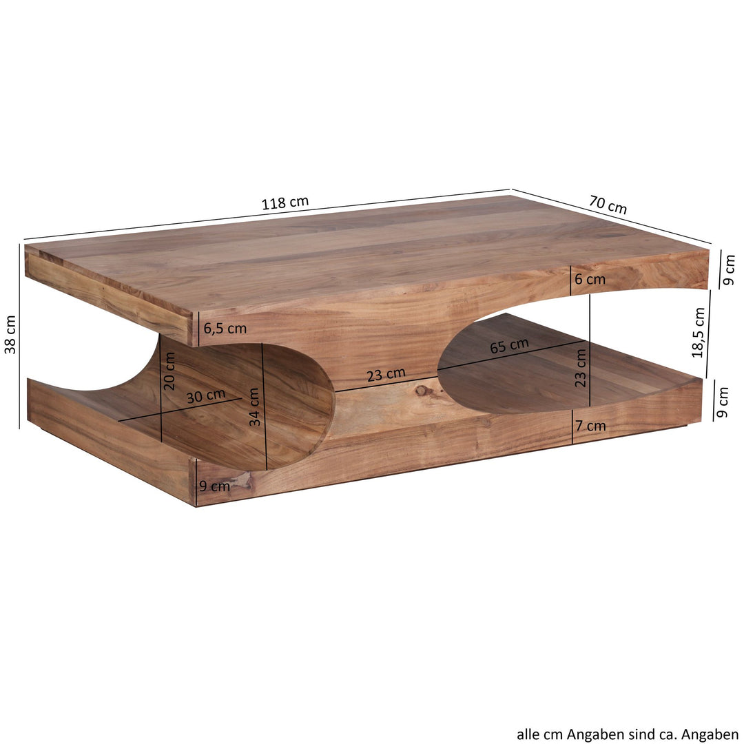 Couchtisch TEKO Massivholz_ 2 Ablagefächer_ 118x38x70 cm_ handgefertigt_ pflegeleicht - KADIMA DESIGN_Farbe_ Beige_ Größe_ 118x70x38 cm_