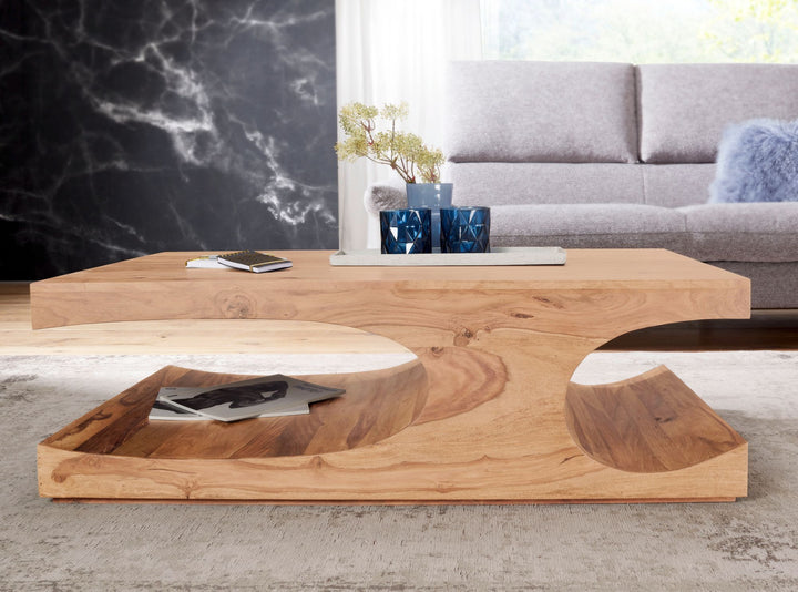 Couchtisch TEKO Massivholz_ 2 Ablagefächer_ 118x38x70 cm_ handgefertigt_ pflegeleicht - KADIMA DESIGN_Farbe_ Beige_ Größe_ 118x70x38 cm_