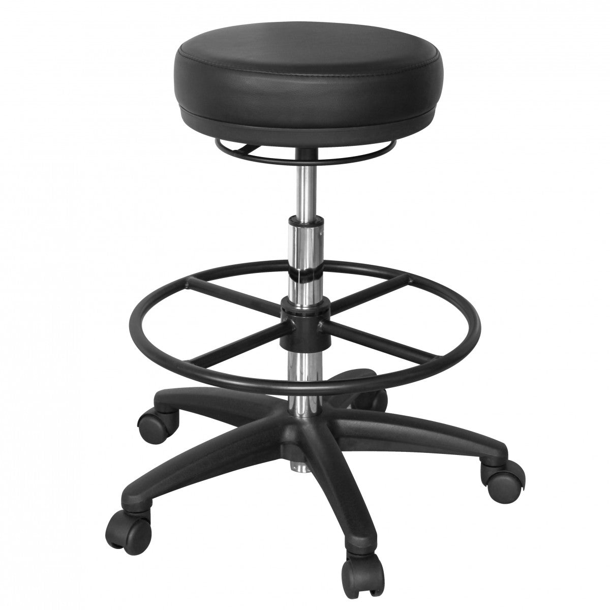 Arbeitshocker Livorno  Höhenverstellbar  Kunstleder-Sitzfläche  Kunststoff-Fußkreuz  drehbare Fußablage  120 kg Belastbarkeit - KADIMA DESIGN Größe  60x60x88 cm