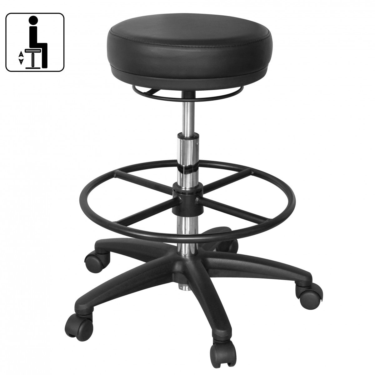 Arbeitshocker Livorno  Höhenverstellbar  Kunstleder-Sitzfläche  Kunststoff-Fußkreuz  drehbare Fußablage  120 kg Belastbarkeit - KADIMA DESIGN Größe  60x60x88 cm