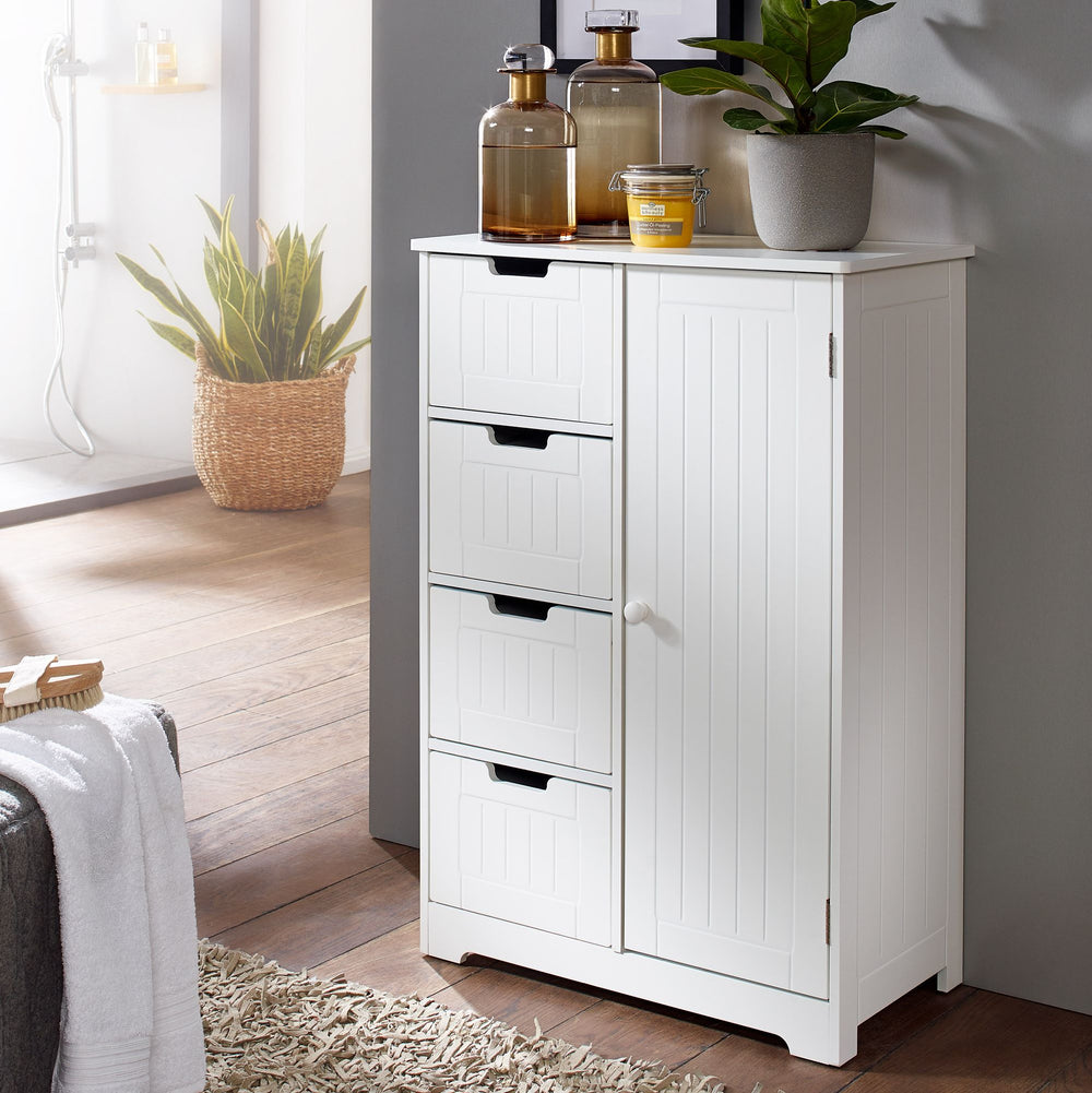 Badschrank im Landhausstil mit 4 Schubladen und Stauraum_ MDF_ weiß matt lackiert - KADIMA DESIGN_Größe_ 56x30x83 cm_