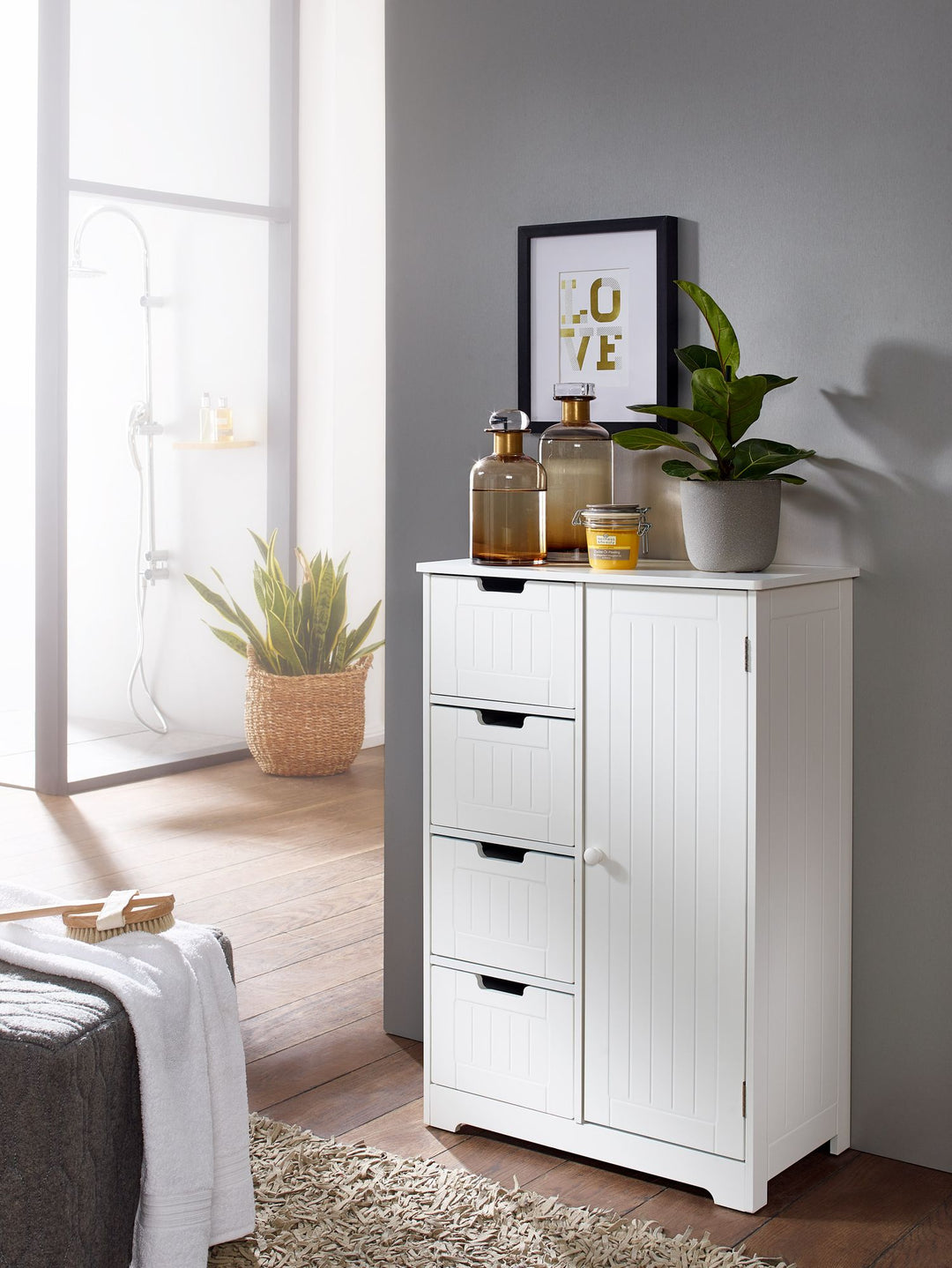 Badschrank im Landhausstil mit 4 Schubladen und Stauraum_ MDF_ weiß matt lackiert - KADIMA DESIGN_Größe_ 56x30x83 cm_