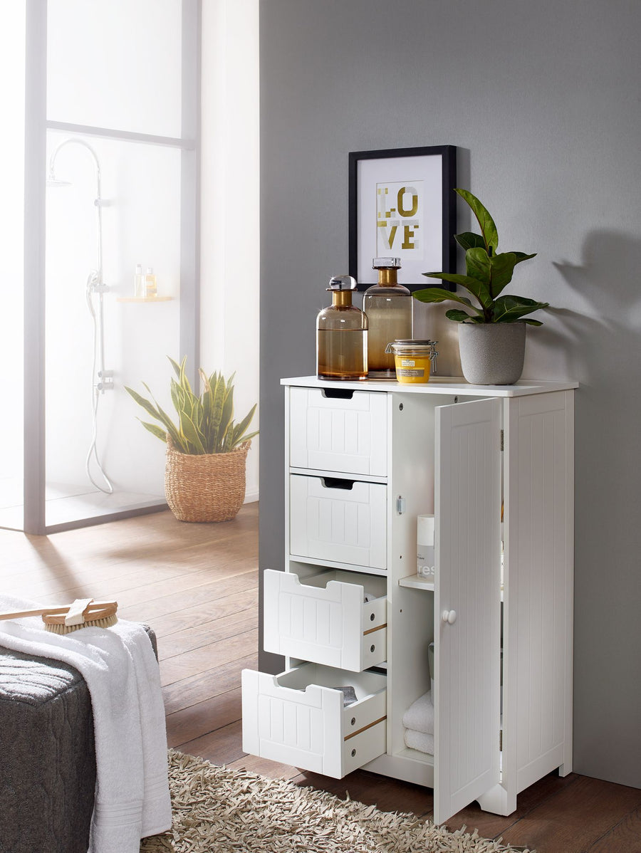Badschrank im Landhausstil mit 4 Schubladen und Stauraum_ MDF_ weiß matt lackiert - KADIMA DESIGN_Größe_ 56x30x83 cm_