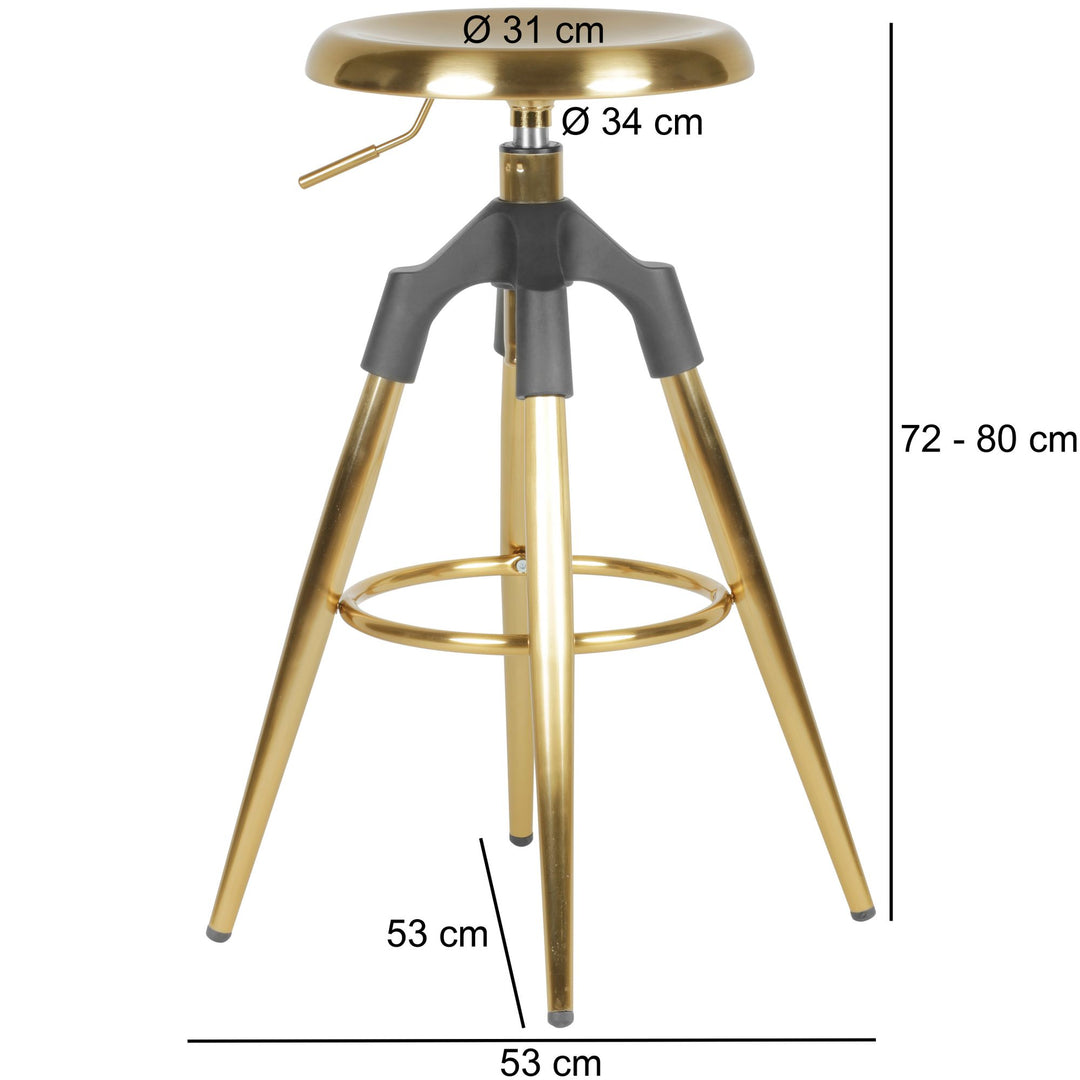Industrie Barhocker TIBER_ Höhenverstellbar_ drehbar_ goldfarben_ Eisenmaterial_ Kunststoffkappen_ 72-80 cm - KADIMA DESIGN_Farbe_ Gold_ Größe_ 53x53x80 cm_
