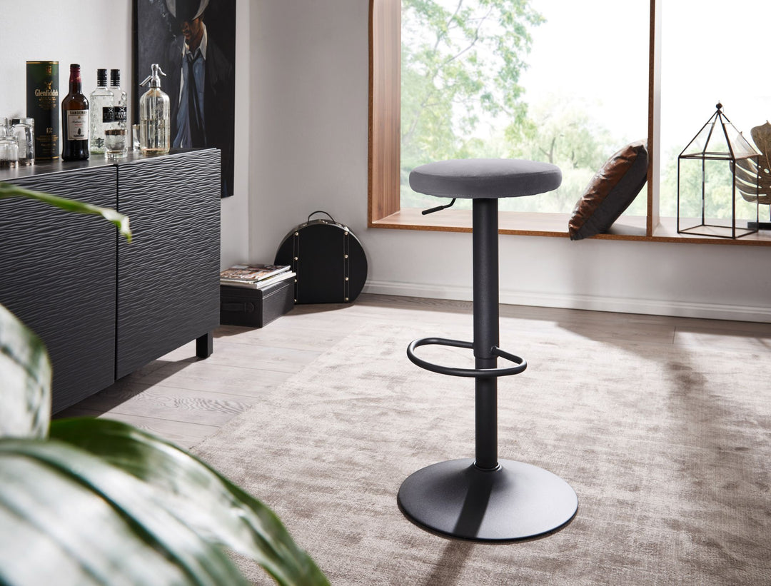 Barhocker CAMPANIA_ 58-79 cm Sitzhöhe_ Eisenmaterial_ Samt/Wildlederoptik Bezug_ 360° drehbar - KADIMA DESIGN_Farbe_ Grau_ Material_ Samt_ Größe_ 40x40x79 cm_