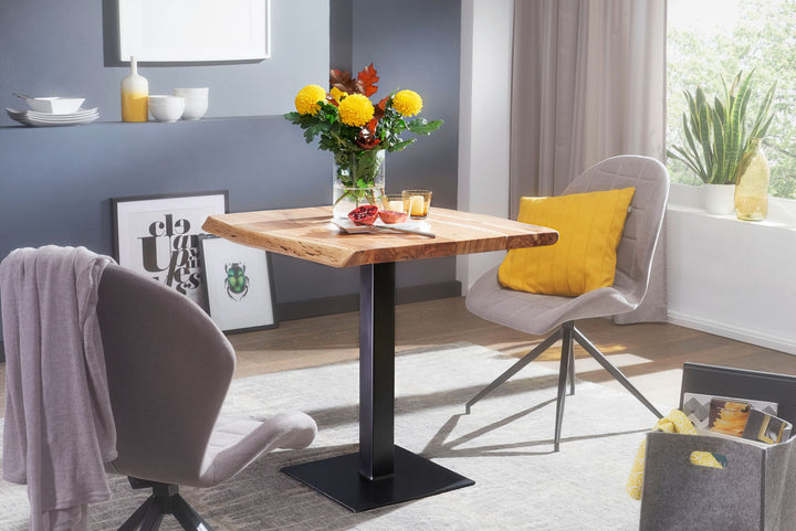 Massivholz-Tisch mit Quadratischer Baumkante und Edelstahlstandfuß_ Einzigartiges Unikat - KADIMA DESIGN_Größe_ 80x75x75 cm_