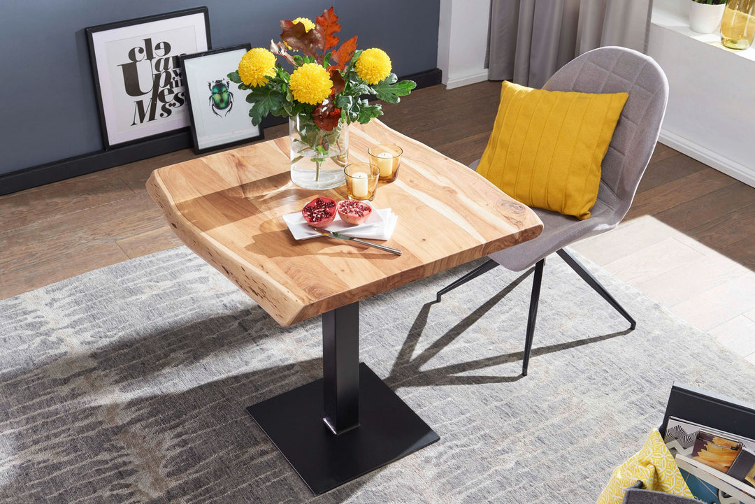 Massivholz-Tisch mit Quadratischer Baumkante und Edelstahlstandfuß_ Einzigartiges Unikat - KADIMA DESIGN_Größe_ 80x75x75 cm_