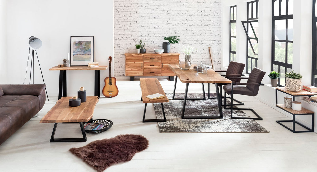 Esszimmerbank Akazienholz_ 4 Personen_ Akazienholz_ 180x40x45 cm_ schwarze Metallfüße_ Anti-Rutsch-Pads - KADIMA DESIGN_Größe_ 180x40x45 cm_