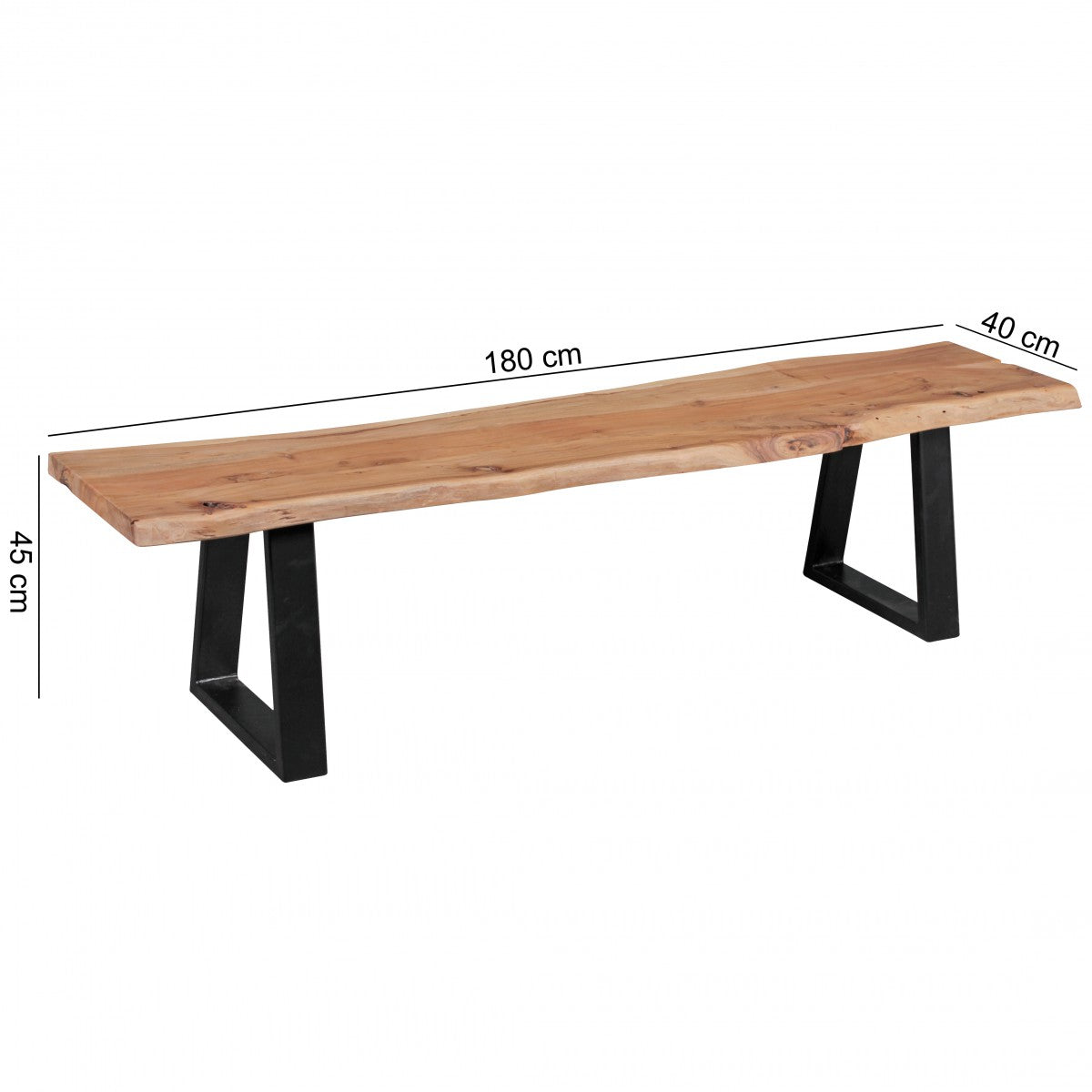 Esszimmerbank Akazienholz_ 4 Personen_ Akazienholz_ 180x40x45 cm_ schwarze Metallfüße_ Anti-Rutsch-Pads - KADIMA DESIGN_Größe_ 180x40x45 cm_