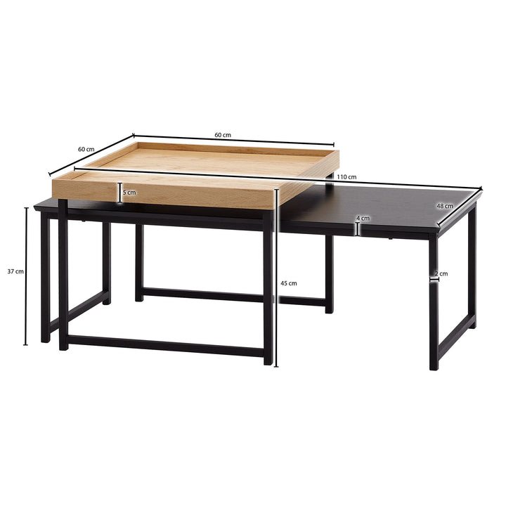Couchtische 2er Set SILVANUS_ Holz und Metall_ Eiche/Weiß_ ineinanderschiebbar_ Eichenfurnier/lackiertes MDF - KADIMA DESIGN_Farbe_ Schwarz_ Größe_ 110x60x45 cm_