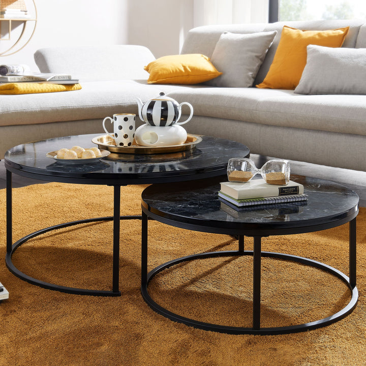 Couchtisch-Set mit Marmor-Optik_ Eichenholz_ Metallgestell_ 80x80x36 cm &amp;amp; 60x60x26 cm_ ineinanderschiebbar - KADIMA DESIGN_Farbe_ Schwarz_ Größe_ 80x80x36 cm_