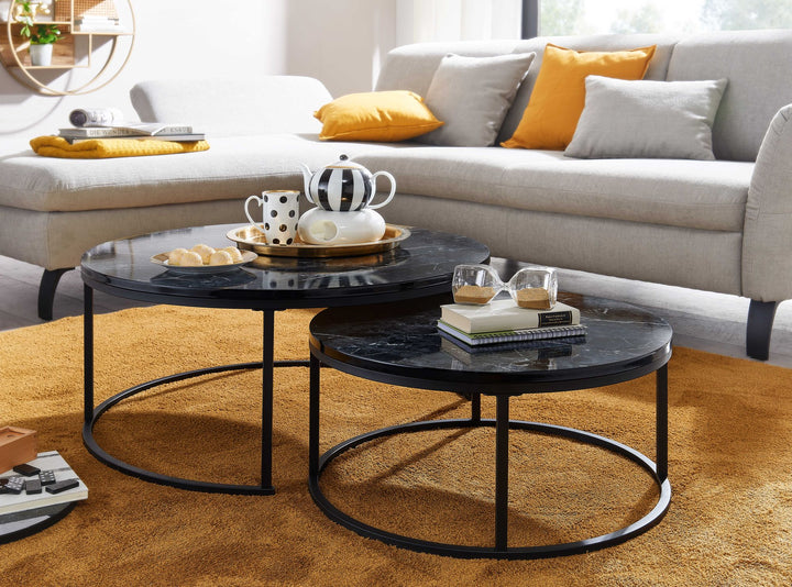 Couchtisch-Set mit Marmor-Optik_ Eichenholz_ Metallgestell_ 80x80x36 cm &amp;amp; 60x60x26 cm_ ineinanderschiebbar - KADIMA DESIGN_Farbe_ Schwarz_ Größe_ 80x80x36 cm_