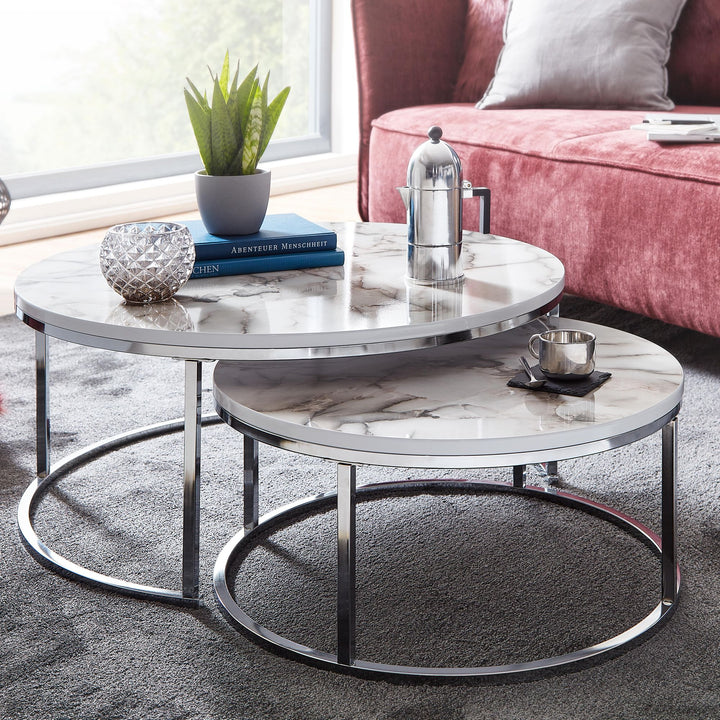 Couchtisch-Set mit Marmor-Optik_ Eichenholz_ Metallgestell_ 80x80x36 cm &amp;amp; 60x60x26 cm_ ineinanderschiebbar - KADIMA DESIGN_Farbe_ Silber_ Größe_ 80x80x36 cm_