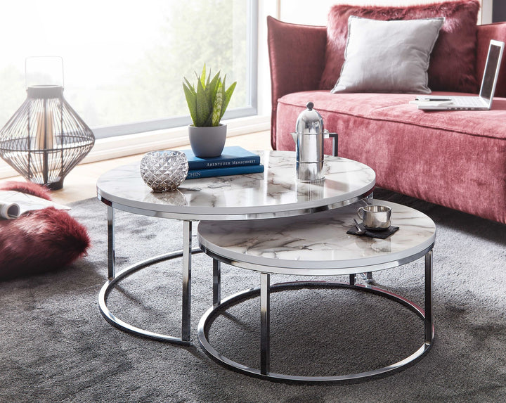 Couchtisch-Set mit Marmor-Optik_ Eichenholz_ Metallgestell_ 80x80x36 cm &amp;amp; 60x60x26 cm_ ineinanderschiebbar - KADIMA DESIGN_Farbe_ Silber_ Größe_ 80x80x36 cm_