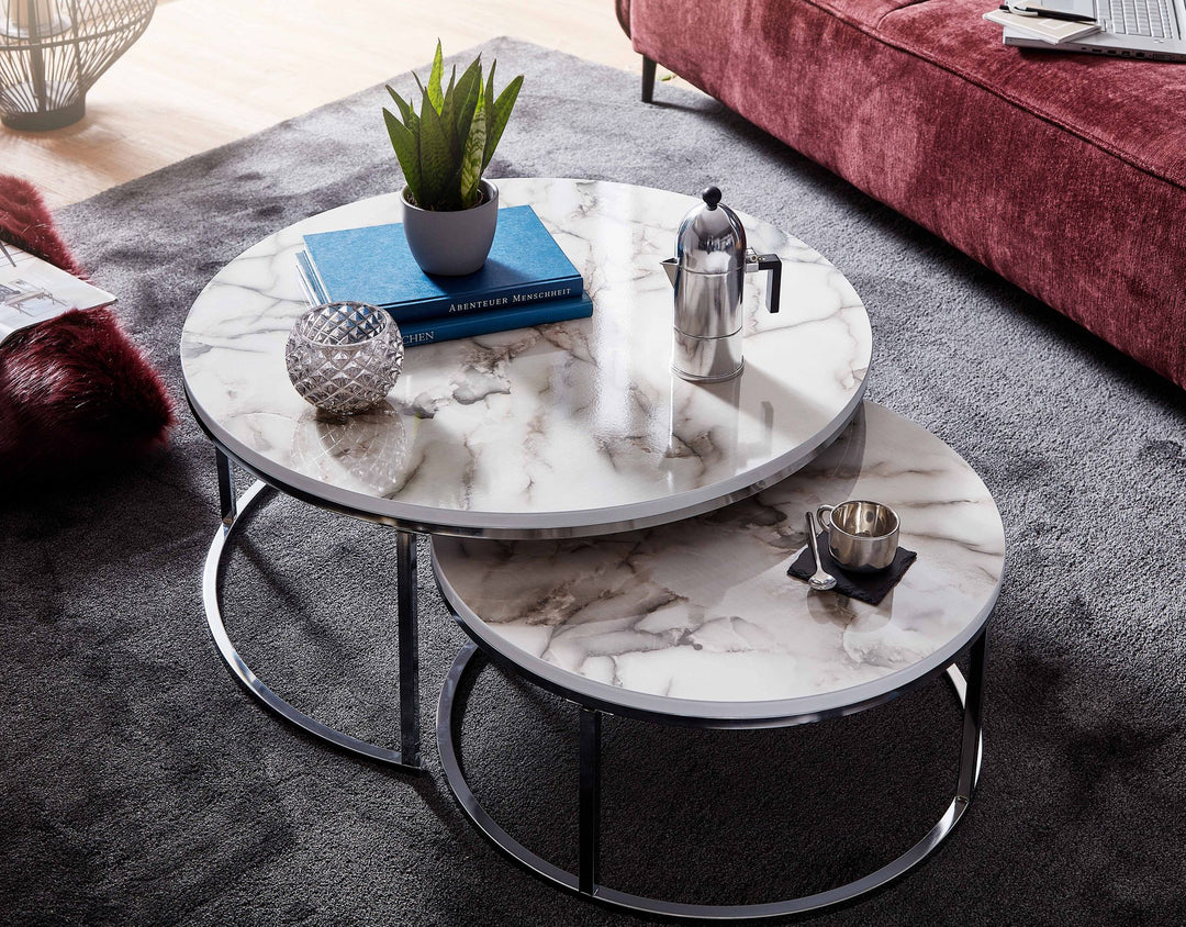 Couchtisch-Set mit Marmor-Optik_ Eichenholz_ Metallgestell_ 80x80x36 cm &amp; 60x60x26 cm_ ineinanderschiebbar - KADIMA DESIGN_Farbe_ Silber_ Größe_ 80x80x36 cm_