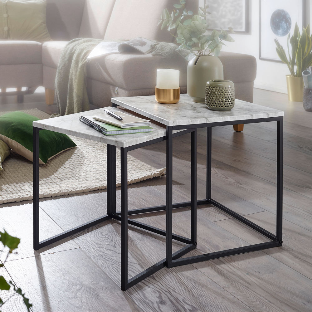 Marmor-Optik Beistelltisch Set_ moderne Wohnzimmermöbel_ robustes Metallgestell_ 40x42_5x40 cm und 35x39_5x35 cm - KADIMA DESIGN_Größe_ 40x40x42 cm_