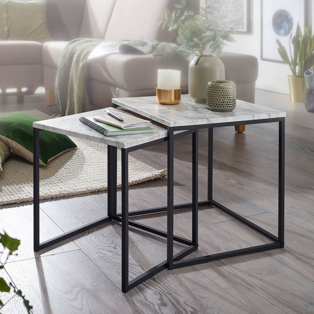 Marmor-Optik Beistelltisch Set_ moderne Wohnzimmermöbel_ robustes Metallgestell_ 40x42_5x40 cm und 35x39_5x35 cm - KADIMA DESIGN_Größe_ 40x40x42 cm_