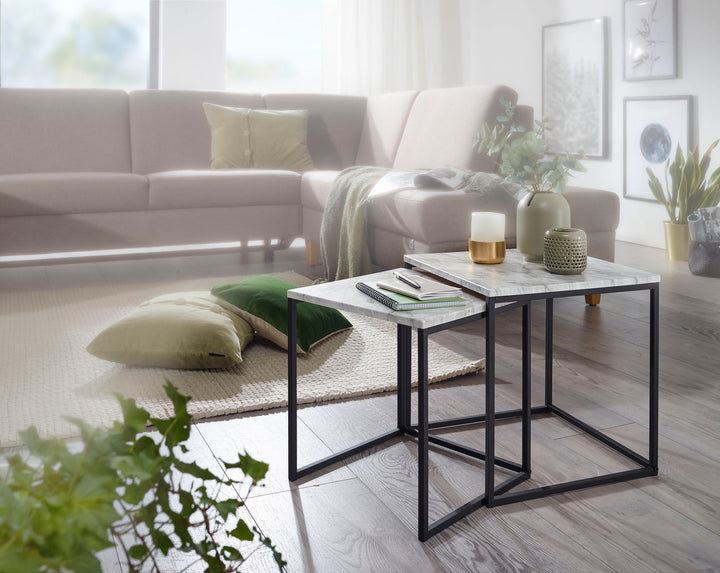 KADIMA DESIGN Marmor-Optik Beistelltisch Set - Moderne Wohnzimmermöbel in schlichtem Eleganzstil. Robustes Metallgestell_ große Ablageflächen._Weiß_#sku_BARWL5.983#