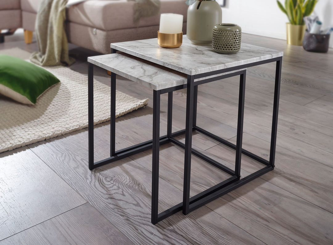 Marmor-Optik Beistelltisch Set_ moderne Wohnzimmermöbel_ robustes Metallgestell_ 40x42_5x40 cm und 35x39_5x35 cm - KADIMA DESIGN_Größe_ 40x40x42 cm_