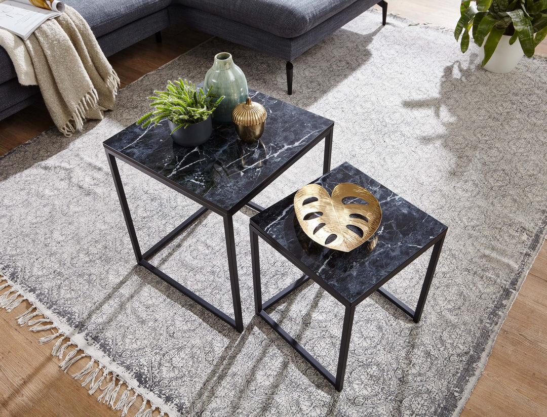 Marmor Beistelltisch 2er Set_ Metallgestell_ Quadratisch_ Platzsparend - KADIMA DESIGN_Farbe_ Schwarz_ Größe_ 45x45x50 cm_