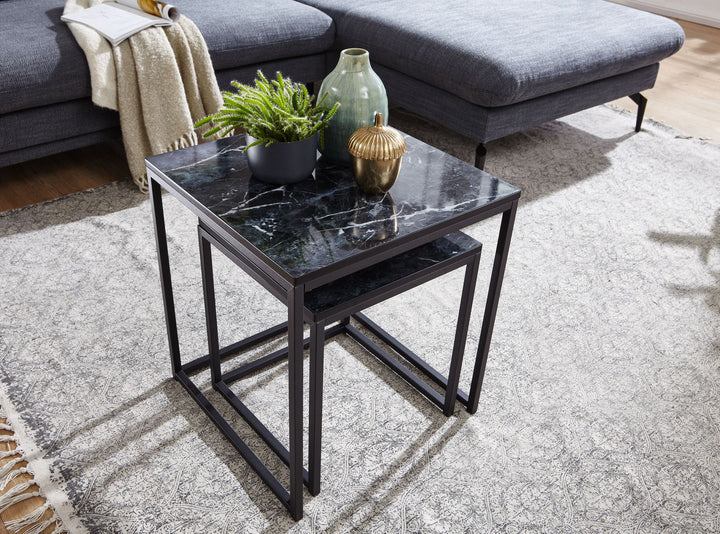 Marmor Beistelltisch 2er Set_ Metallgestell_ Quadratisch_ Platzsparend - KADIMA DESIGN_Farbe_ Schwarz_ Größe_ 45x45x50 cm_