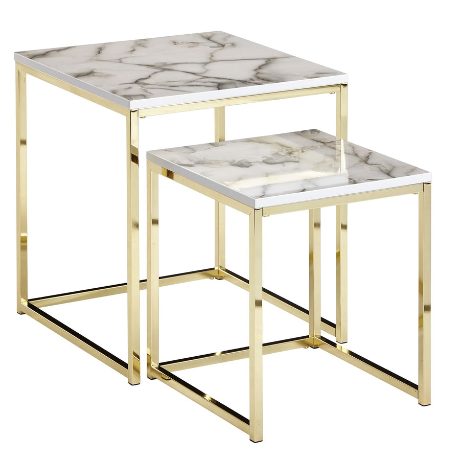 Beistelltisch Set in Marmor-Optik und goldener Farbe_ Moderne und stilvolle Wohnzimmermöbel_ 2 Größen_ Robustes Metallgestell - KADIMA DESIGN_Farbe_ Weiß_ Größe_ 45x45x50 cm_