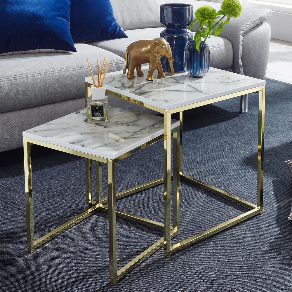 Beistelltisch Set in Marmor-Optik und goldener Farbe_ Moderne und stilvolle Wohnzimmermöbel_ 2 Größen_ Robustes Metallgestell - KADIMA DESIGN_Farbe_ Weiß_ Größe_ 45x45x50 cm_