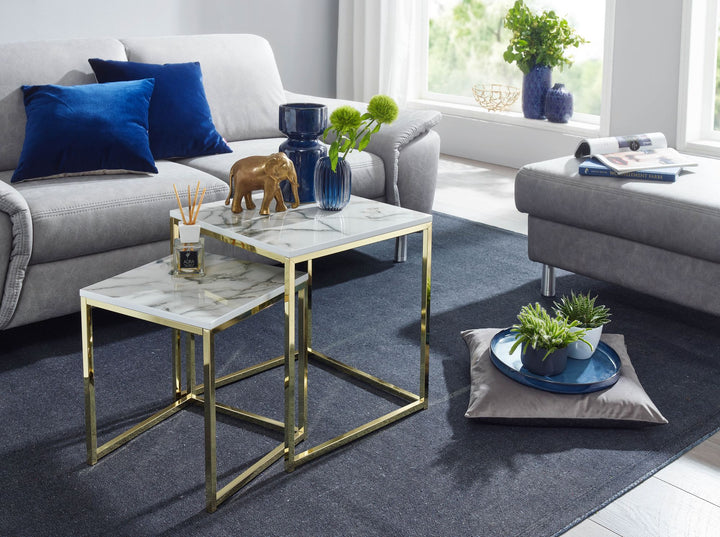 Beistelltisch Set in Marmor-Optik und goldener Farbe_ Moderne und stilvolle Wohnzimmermöbel_ 2 Größen_ Robustes Metallgestell - KADIMA DESIGN_Farbe_ Weiß_ Größe_ 45x45x50 cm_