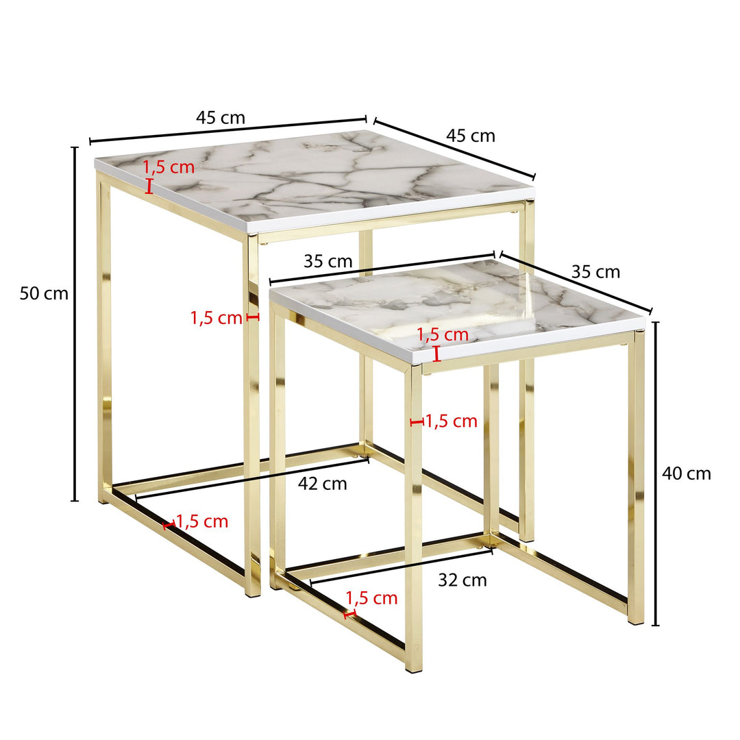 Beistelltisch Set in Marmor-Optik und goldener Farbe_ Moderne und stilvolle Wohnzimmermöbel_ 2 Größen_ Robustes Metallgestell - KADIMA DESIGN_Farbe_ Weiß_ Größe_ 45x45x50 cm_
