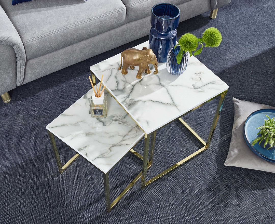 Beistelltisch Set in Marmor-Optik und goldener Farbe_ Moderne und stilvolle Wohnzimmermöbel_ 2 Größen_ Robustes Metallgestell - KADIMA DESIGN_Farbe_ Weiß_ Größe_ 45x45x50 cm_