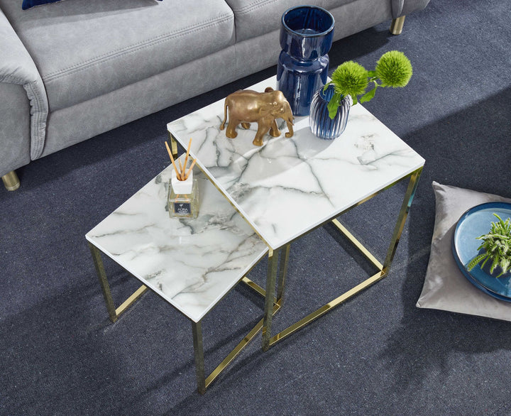 Beistelltisch Set in Marmor-Optik und goldener Farbe_ Moderne und stilvolle Wohnzimmermöbel_ 2 Größen_ Robustes Metallgestell - KADIMA DESIGN_Farbe_ Weiß_ Größe_ 45x45x50 cm_