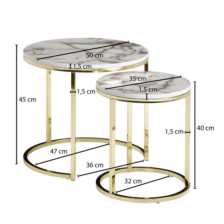 Moderne Marmor-Beistelltische_ 2er Set_ Goldene Gestelle_ 50/35 cm - KADIMA DESIGN_Farbe_ Weiß_ Größe_ 50x50x45 cm_