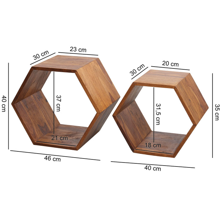 Sheesham Massivholz Satztisch 2er Set in Wabenform_ Braunton_ handgefertigt - KADIMA DESIGN_Größe_ 46x30x40 cm_
