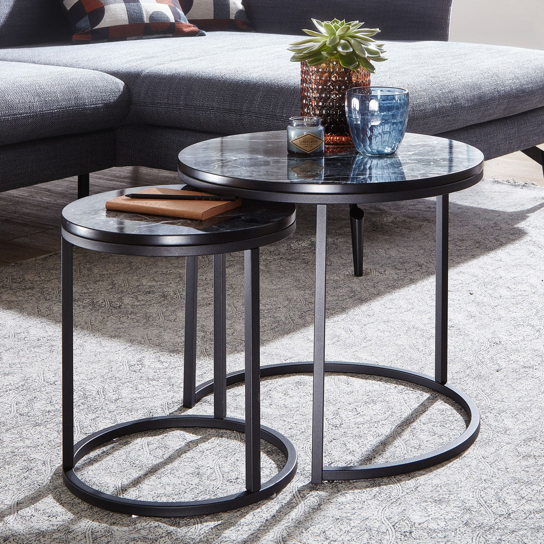 Runde Beistelltische_ Marmor Optik_ Modern_ Platzsparend_ 50/35 cm - KADIMA DESIGN_Farbe_ Schwarz_ Größe_ 50x50x45 cm_