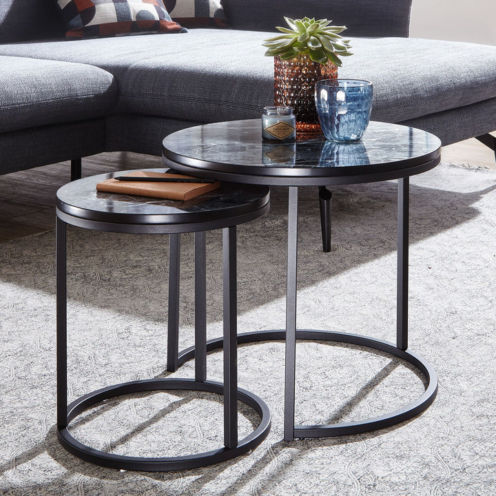 Runde Beistelltische_ Marmor Optik_ Modern_ Platzsparend_ 50/35 cm - KADIMA DESIGN_Farbe_ Schwarz_ Größe_ 50x50x45 cm_