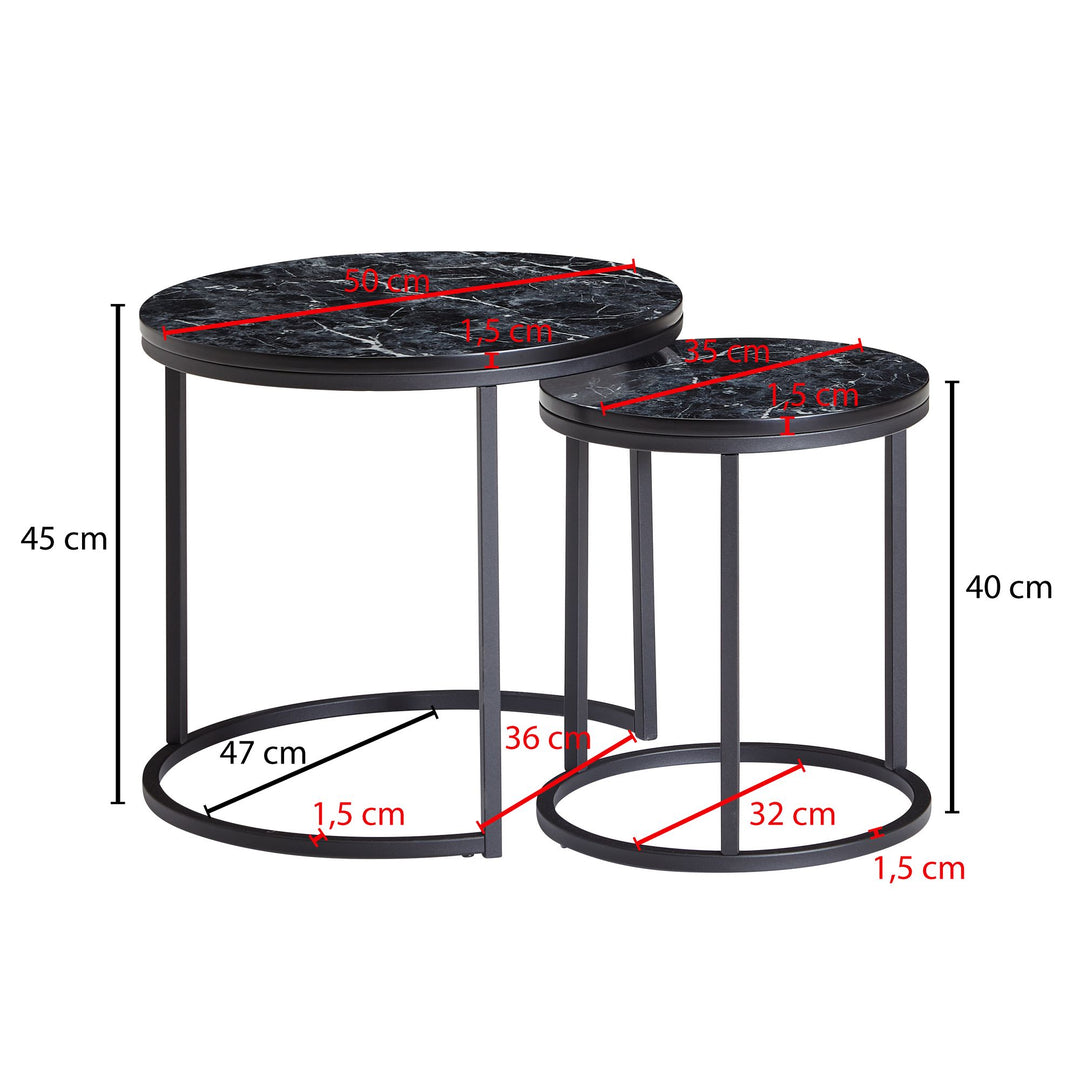 Runde Beistelltische_ Marmor Optik_ Modern_ Platzsparend_ 50/35 cm - KADIMA DESIGN_Farbe_ Schwarz_ Größe_ 50x50x45 cm_