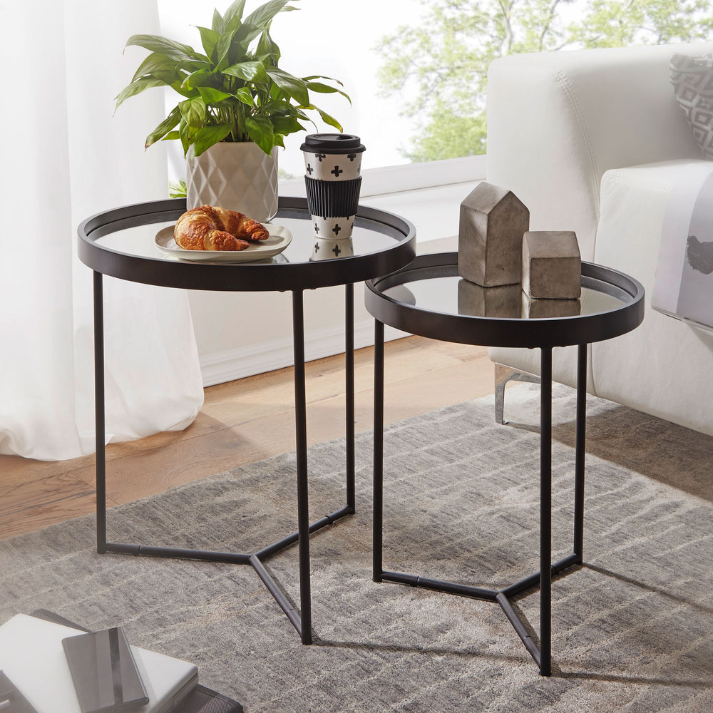 Stilvolles Satztisch-Set_ 2-teilig_ Metall und Holz_ schwarzer Farbton_ pflegeleicht_ bis zu 3 kg Belastbarkeit pro Tisch - KADIMA DESIGN_Größe_ 45x45x50 cm_