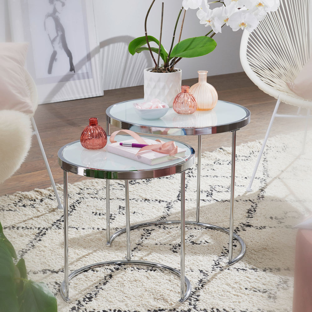 2tlg Runder Glas Couchtisch Set_ modernes Design mit Stauraum_ platzsparend - KADIMA DESIGN_Größe_ 50x50x50 cm_