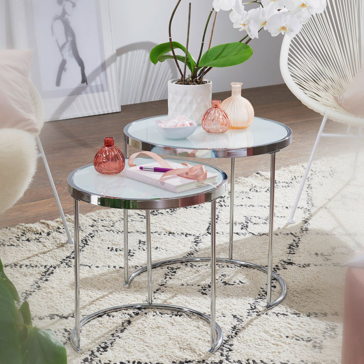 2tlg Runder Glas Couchtisch Set_ modernes Design mit Stauraum_ platzsparend - KADIMA DESIGN_Größe_ 50x50x50 cm_