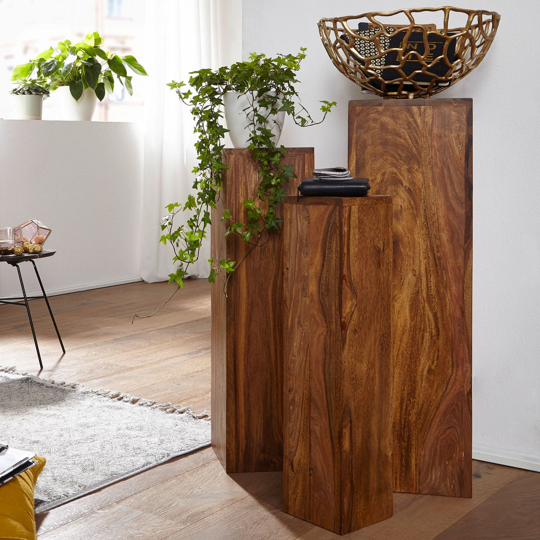 Beistelltisch-Sets Massivholz_ 3-teilig_ einzigartige Maserung_ ineinander verstaubar - KADIMA DESIGN_Farbe_ Braun_ Größe_ 24x24x85 cm_