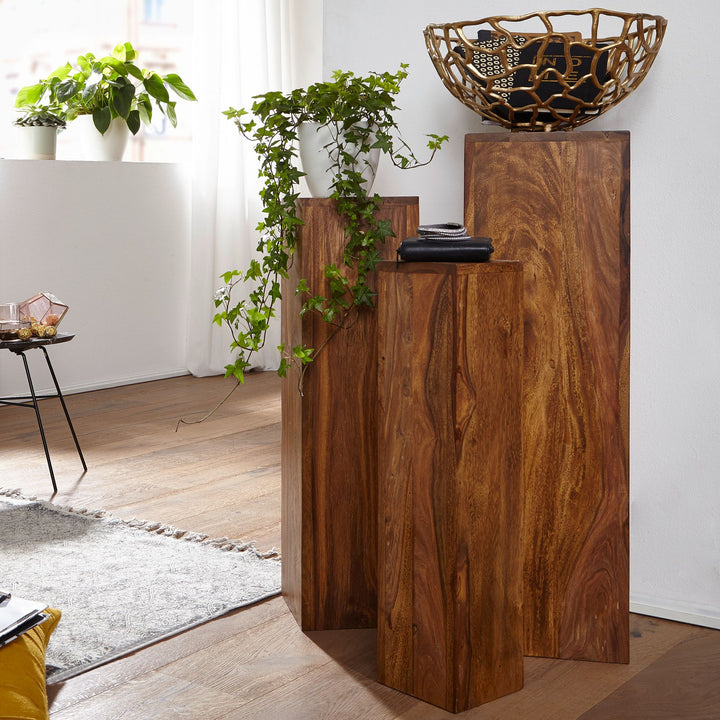Beistelltisch-Sets Massivholz_ 3-teilig_ einzigartige Maserung_ ineinander verstaubar - KADIMA DESIGN_Farbe_ Braun_ Größe_ 24x24x85 cm_