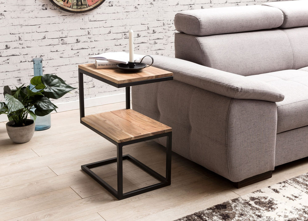 Beistelltisch Massivholz INDI_ S-Design_ Schwarz/Metallgestell_ 2 Ablageflächen - KADIMA DESIGN_Farbe_ Beige_ Größe_ 45x30x60 cm_