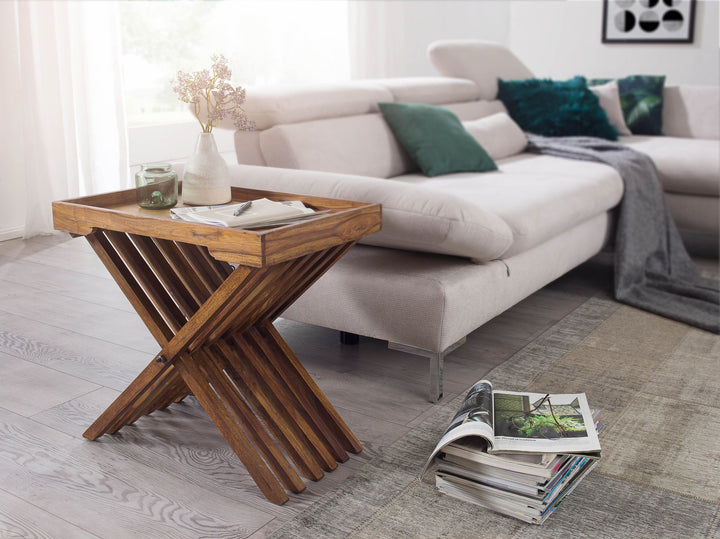 Massiver Sheesham-Holz Klapptisch_ vielseitig einsetzbar_ 60x57 cm_ abnehmbares Tablett_ ideal als Serviertablett - KADIMA DESIGN_Größe_ 60x40x57 cm_