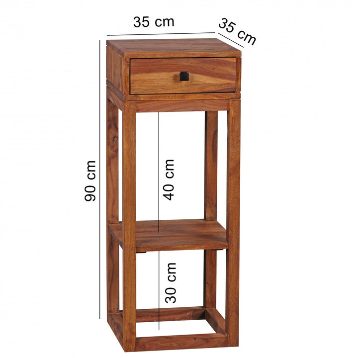Massiver Sheesham Beistelltisch_ quadratisch_ mit Schublade und Ablagefach_ ideal für Wohnzimmer oder Schlafzimmer - KADIMA DESIGN_Größe_ 35x35x90 cm_