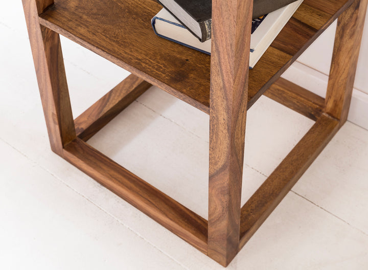 Massiver Sheesham Beistelltisch_ quadratisch_ mit Schublade und Ablagefach_ ideal für Wohnzimmer oder Schlafzimmer - KADIMA DESIGN_Größe_ 35x35x90 cm_