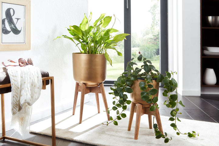 Alu-und-Holz Pflanzenkübel Set in Gold/Braun_ modern &amp;amp; elegant_ für stilvolle Inneneinrichtung - KADIMA DESIGN_Größe_ 31x31x51 cm_